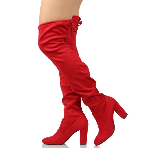 Red over the knee boots block heel Clearance